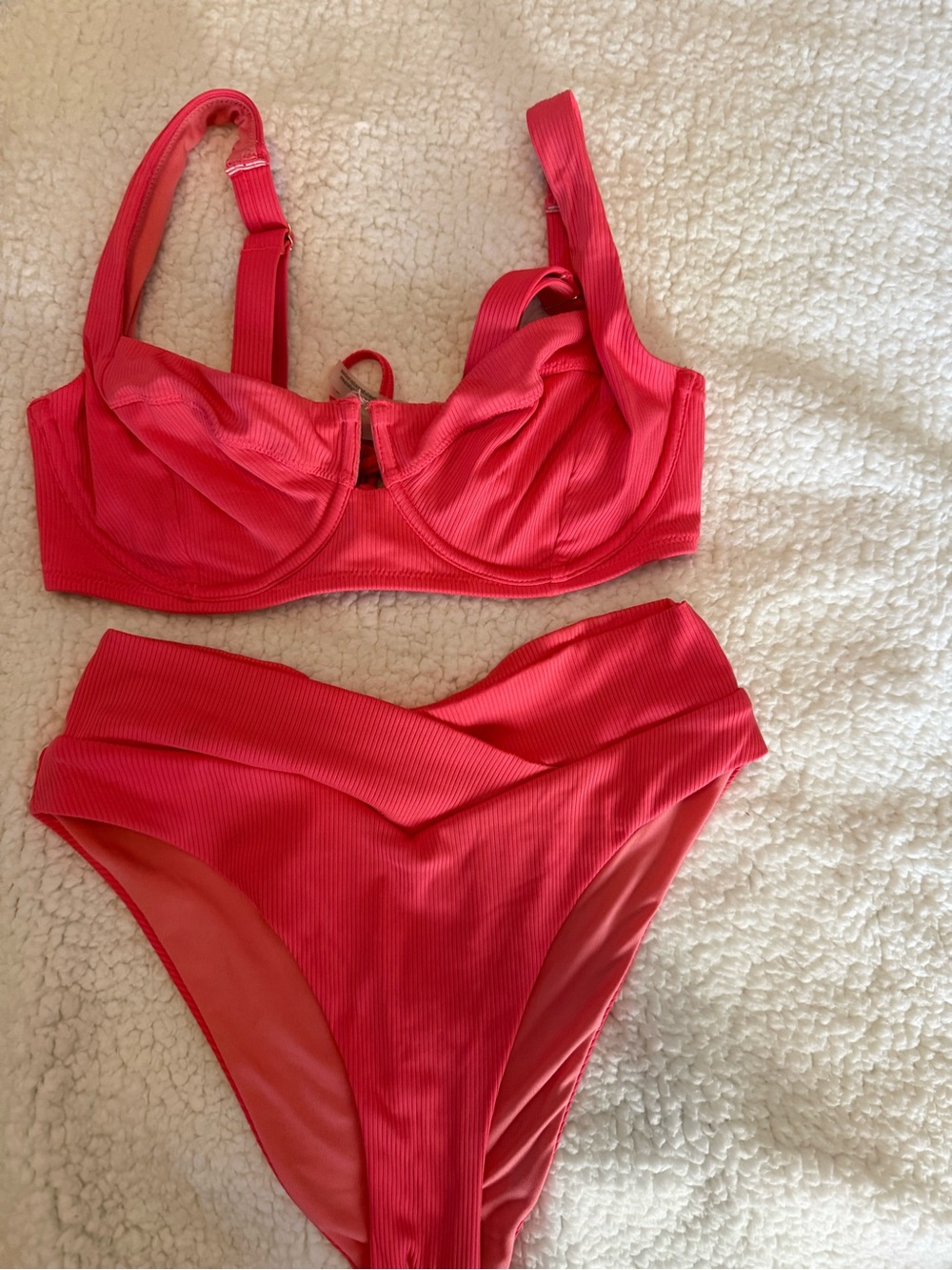 Victoria's Secret Ribbed High-Waist Bikini Set in Coral Pink